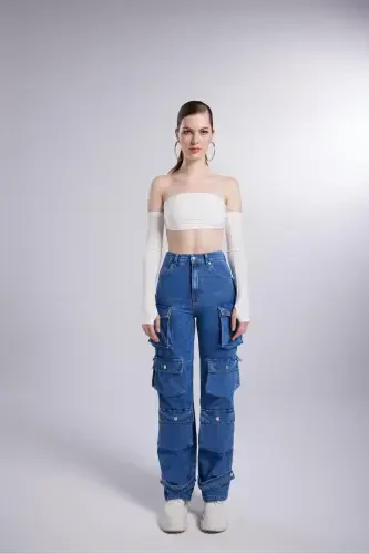 High Waist Wide Leg Cargo Jeans Blue - 6