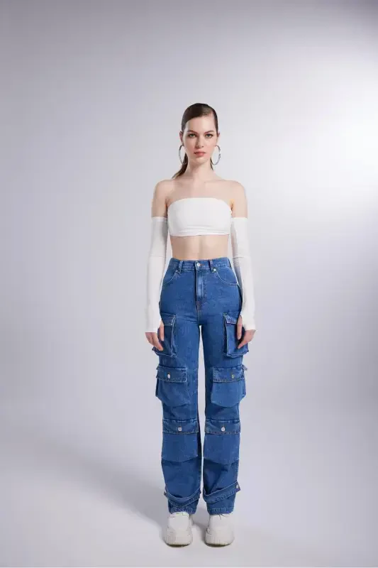 High Waist Wide Leg Cargo Jeans Blue - 6