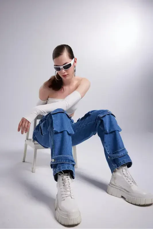 High Waist Wide Leg Cargo Jeans Blue - 7