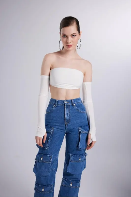 High Waist Wide Leg Cargo Jeans Blue - 1