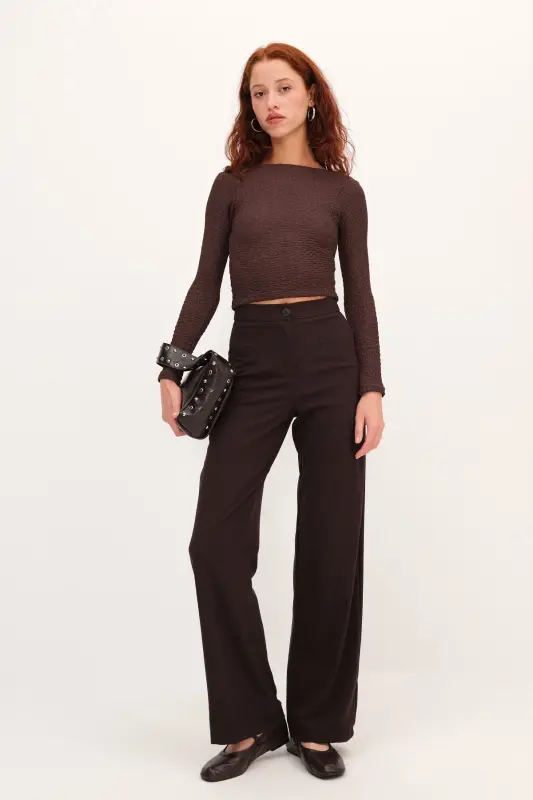 High Waist Wide Leg Pants Pn8130 - Dk14-Coffee - ADDAX