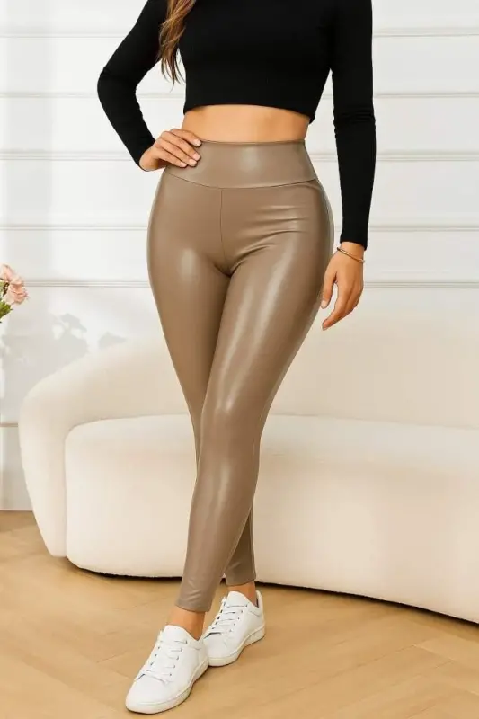 High Waist Women's Leather Leggings - 1