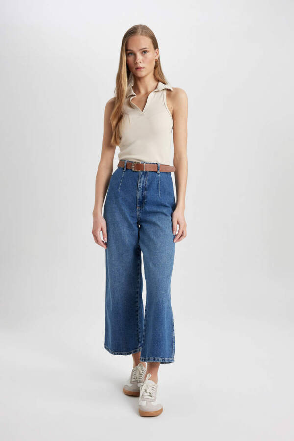 High Waisted Ankle Length Wide Leg Culotte Jeans Mint Blue - 2