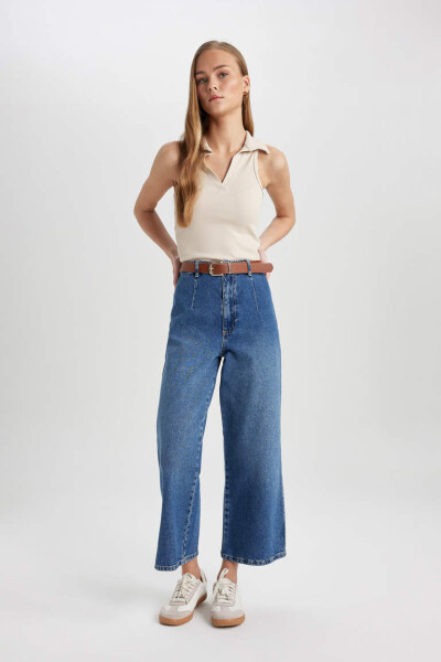 High Waisted Ankle Length Wide Leg Culotte Jeans Mint Blue - 3