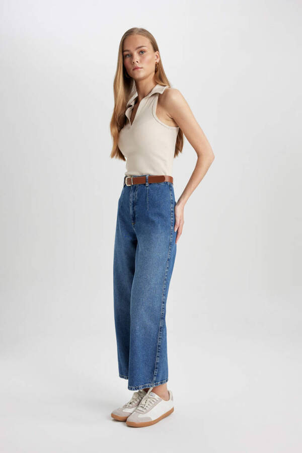 High Waisted Ankle Length Wide Leg Culotte Jeans Mint Blue - 4