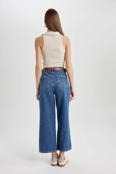 High Waisted Ankle Length Wide Leg Culotte Jeans Mint Blue - 7