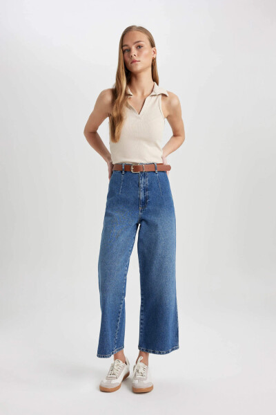 High Waisted Ankle Length Wide Leg Culotte Jeans Mint Blue - 8