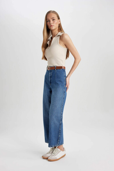 High Waisted Ankle Length Wide Leg Culotte Jeans Mint Blue - 9