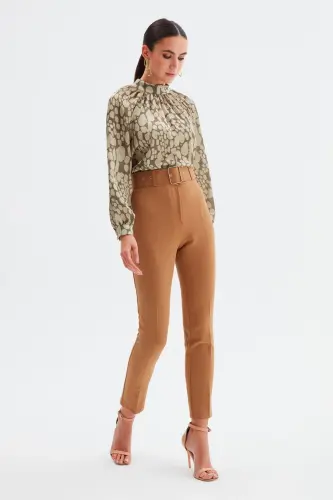 High Waisted Belted Trousers - Camel - CAMEL - 1