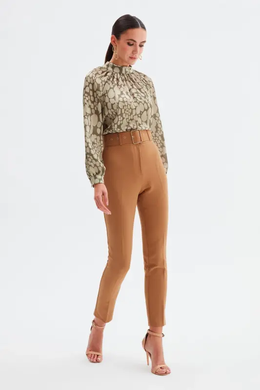 High Waisted Belted Trousers - Camel - CAMEL - SATEEN