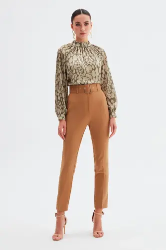 High Waisted Belted Trousers - Camel - CAMEL - SATEEN (1)