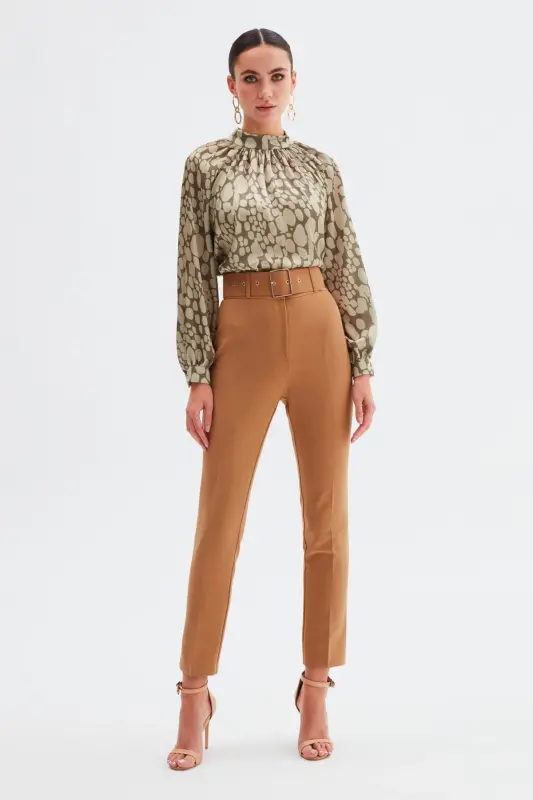 High Waisted Belted Trousers - Camel - CAMEL - 2