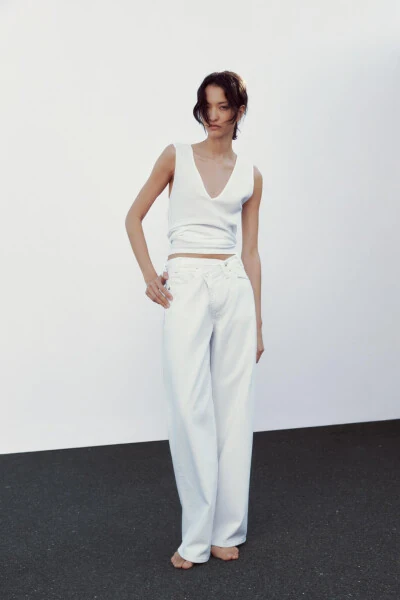 HIGH WAISTED CROSSOVER TRF WIDE LEG JEAN - White - 1