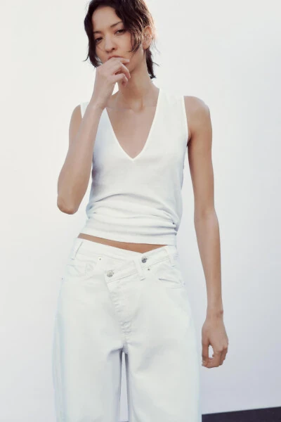 HIGH WAISTED CROSSOVER TRF WIDE LEG JEAN - White - 3