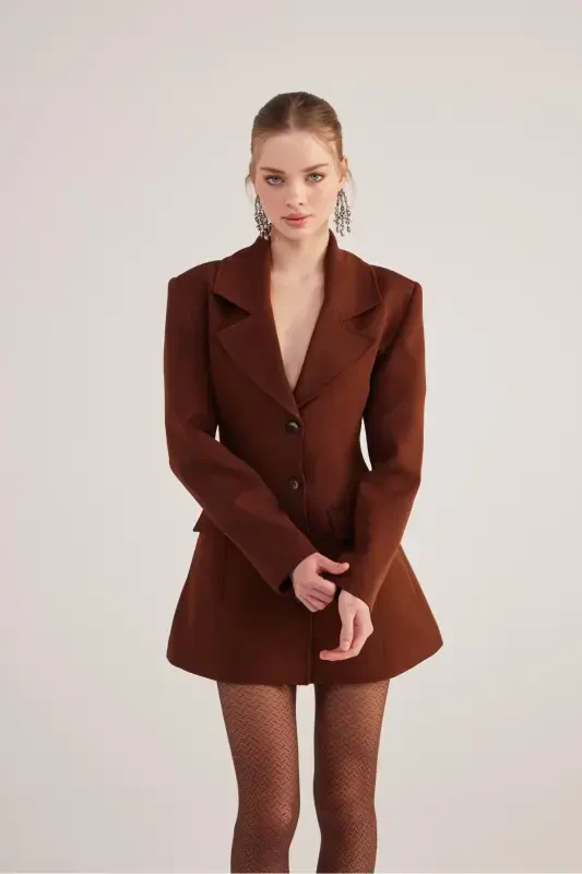 High Waisted Fit Cut Deja Blazer Jacket Coffee - 2