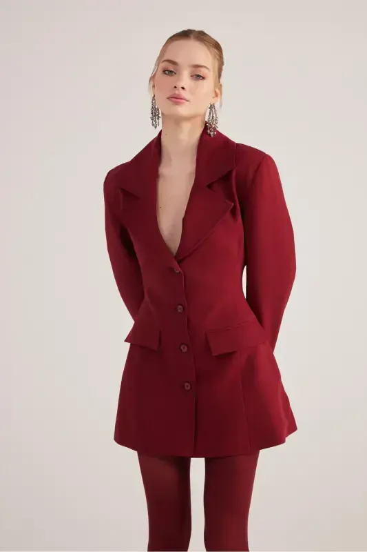High-Waisted Fitted Deja Blazer Jacket Burgundy - 2