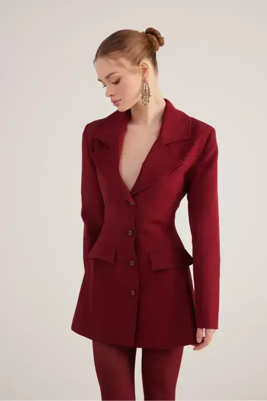 High-Waisted Fitted Deja Blazer Jacket Burgundy - 4