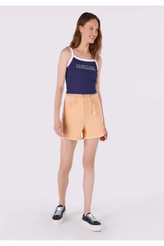 High waisted, open orange mini shorts. - 1