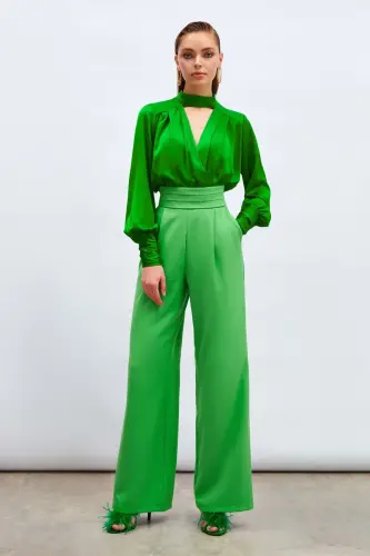 High-Waisted Pocket Trousers - Green 