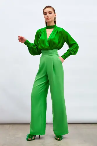 High-Waisted Pocket Trousers - Green - SATEEN (1)