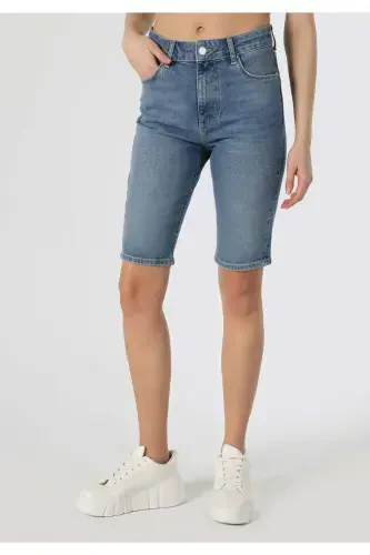High-waisted, straight leg blue denim shorts for women. - 4