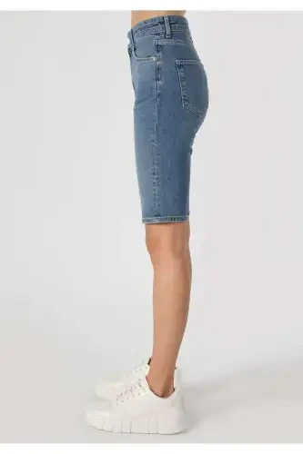 High-waisted, straight leg blue denim shorts for women. - 5