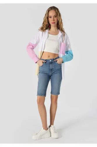 High-waisted, straight leg blue denim shorts for women. - 3