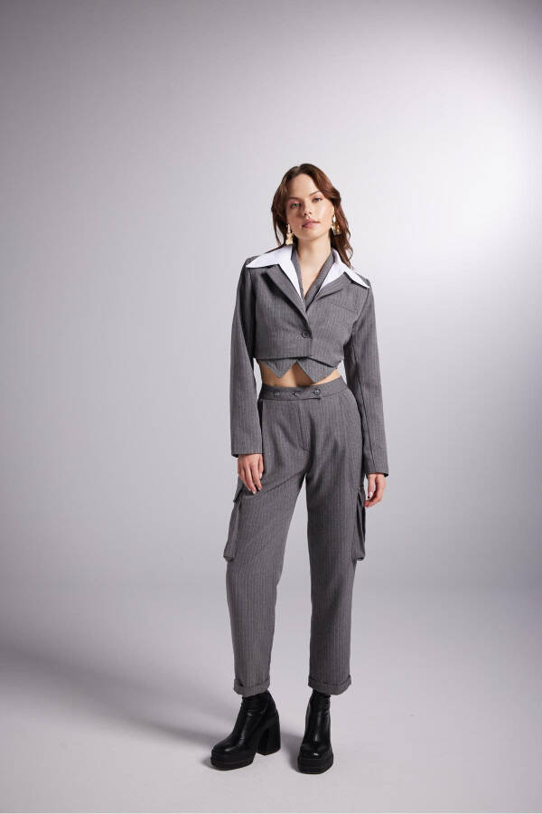 High-Waisted Striped Cargo Pocket Kira Pants Gray - 2