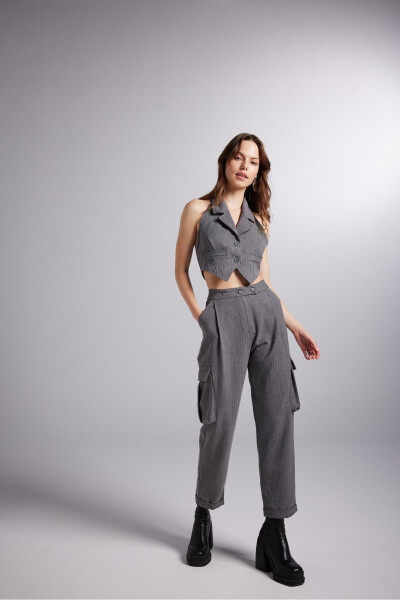 High-Waisted Striped Cargo Pocket Kira Pants Gray - 5