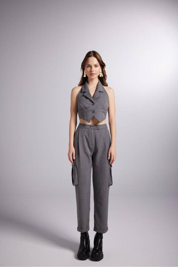 High-Waisted Striped Cargo Pocket Kira Pants Gray - 9