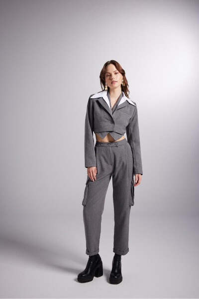 High-Waisted Striped Cargo Pocket Kira Pants Gray - 10