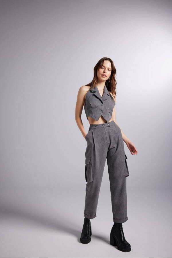 High-Waisted Striped Cargo Pocket Kira Pants Gray - 13