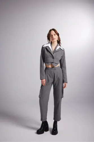 High-Waisted Striped Cargo Pocket Kira Pants Gray - 3