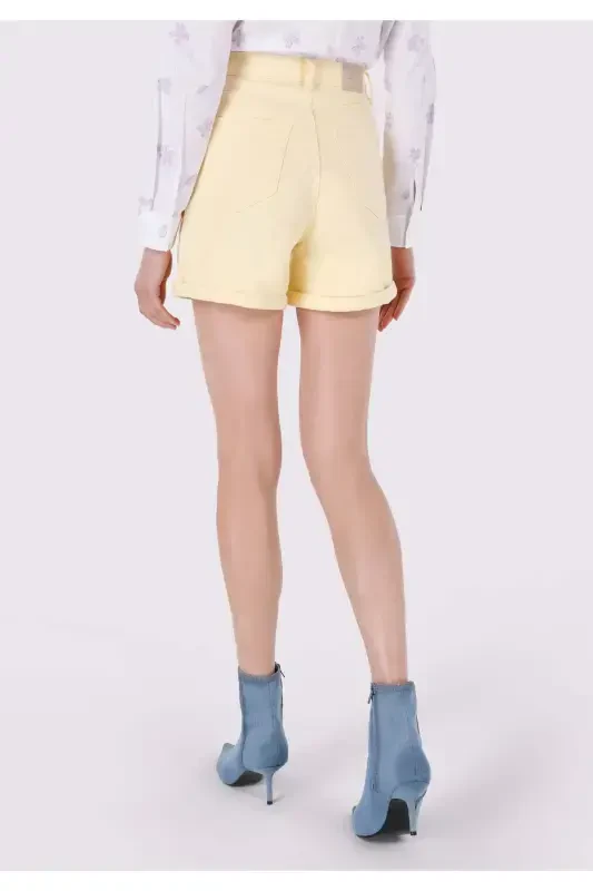 High waisted yellow women's shorts - 2