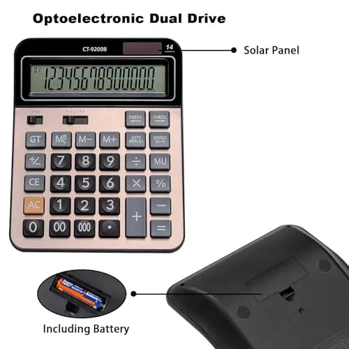 HIHUHEN Large Computer Electronic Calculator Counter Solar & Battery Power 14 Digit Display Multi-Functional Big Button for Business Office School Calculating (HY-9200B) - 5