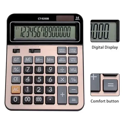 HIHUHEN Large Computer Electronic Calculator Counter Solar & Battery Power 14 Digit Display Multi-Functional Big Button for Business Office School Calculating (HY-9200B) - 6