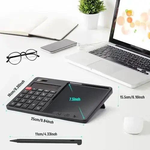 HIHUHEN Calculator with Writing Pad - Solar & Battery Dual Power Supply - 12-Digit Large Display Calculator for Business and Office Use (Black) - 3