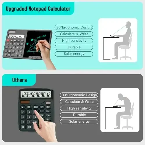 HIHUHEN Calculator with Writing Pad - Solar & Battery Dual Power Supply - 12-Digit Large Display Calculator for Business and Office Use (Black) - 6