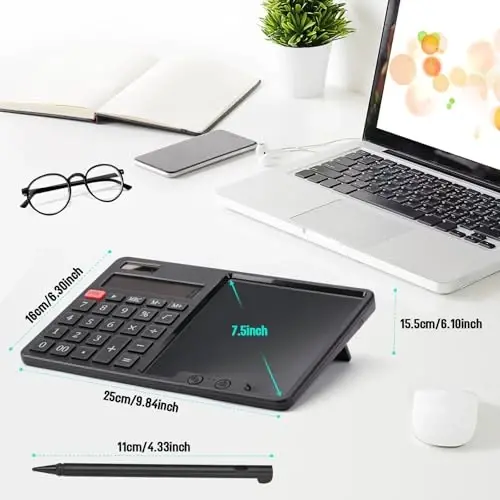 HIHUHEN Calculator with Writing Pad - Solar & Battery Dual Power Supply - 12-Digit Large Display Calculator for Business and Office Use (Black) - 3