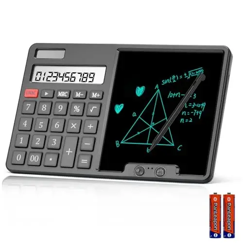 HIHUHEN Calculator with Writing Pad - Solar & Battery Dual Power Supply - 12-Digit Large Display Calculator for Business and Office Use (Black) 