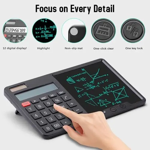 HIHUHEN Calculator with Writing Pad - Solar & Battery Dual Power Supply - 12-Digit Large Display Calculator for Business and Office Use (Black) - 2