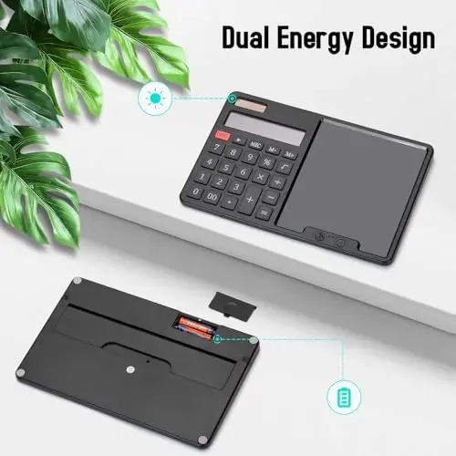 HIHUHEN Calculator with Writing Pad - Solar & Battery Dual Power Supply - 12-Digit Large Display Calculator for Business and Office Use (Black) - 5