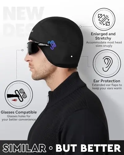 Hikenture Skull Cap Helmet Liner with Glasses Holes, Qishki termal velosiped qalpoqlari erkaklar va ayollar uchun, Velosiped shapkasi Beanie - 6