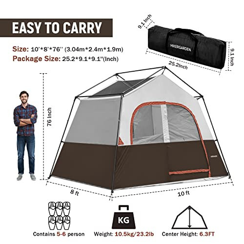 HIKERGARDEN 6 Person Camping Tent - Portable Easy Set Up Family Tent for Camp, Windproof Fabric Cabin Tent Outdoor for Hiking, Backpacking, Traveling - 2