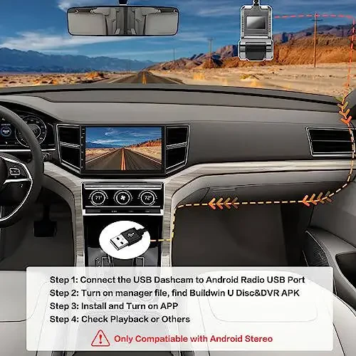 Hikity USB DVR Автомобильная камера переднего вида - Циклическая запись видеорегистратора для автомобилей с 32 ГБ SD-картой, 24-часовой режим парковки, видеорегистратор LDWS FCWS, камера для Android-радио, стерео, GPS, DVD - 2