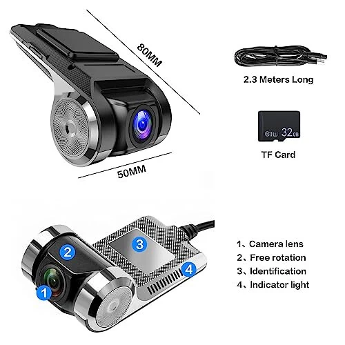 Hikity USB DVR Автомобильная камера переднего вида - Циклическая запись видеорегистратора для автомобилей с 32 ГБ SD-картой, 24-часовой режим парковки, видеорегистратор LDWS FCWS, камера для Android-радио, стерео, GPS, DVD - 6