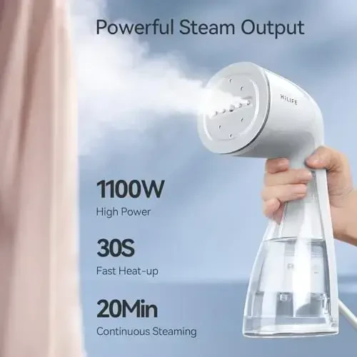 HiLIFE Steamer for Clothes, Handheld Clothes Steamer with Large 300ml Tank, 1100W Strong Power, 30S Fast Heat-up, Garment Fabric Wrinkle Remover, Portable & Compact Travel Size ONLY FOR 120V (White) - 3