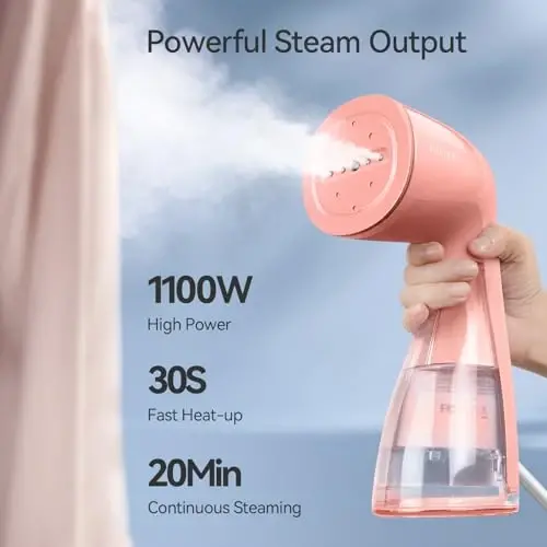 HiLIFE Steamer for Clothes, 1100W Clothes Steamer, Fast Wrinkle Removal with Large 300ml Tank, Ideal for All Fabrics, Easy to Use, Compact and Portable Travel Garment Steamer-Pink - 2