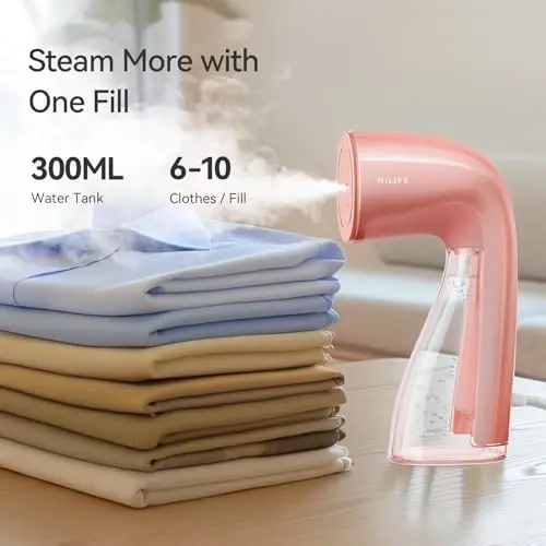 HiLIFE Steamer for Clothes, 1100W Clothes Steamer, Fast Wrinkle Removal with Large 300ml Tank, Ideal for All Fabrics, Easy to Use, Compact and Portable Travel Garment Steamer-Pink - 3