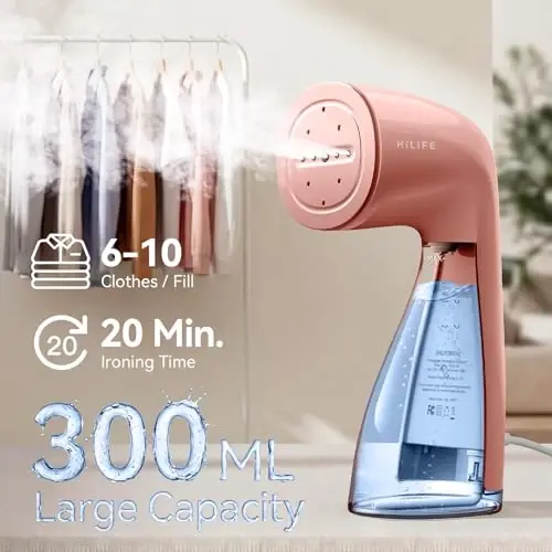 HiLIFE Steamer for Clothes, 1100W Clothes Steamer, Fast Wrinkle Removal with Large 300ml Tank, Ideal for All Fabrics, Easy to Use, Compact and Portable Travel Garment Steamer-Pink - 5